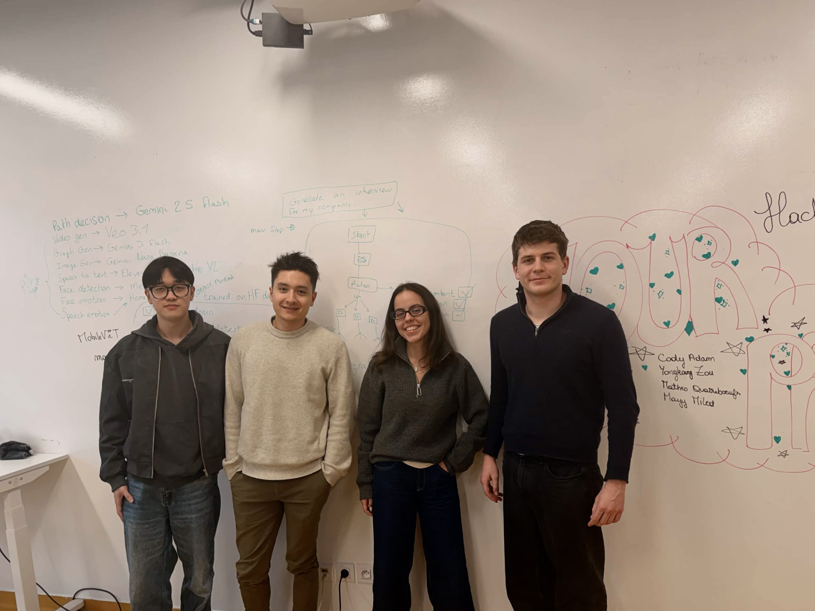 The team standing in front of a whiteboard with our system architecture