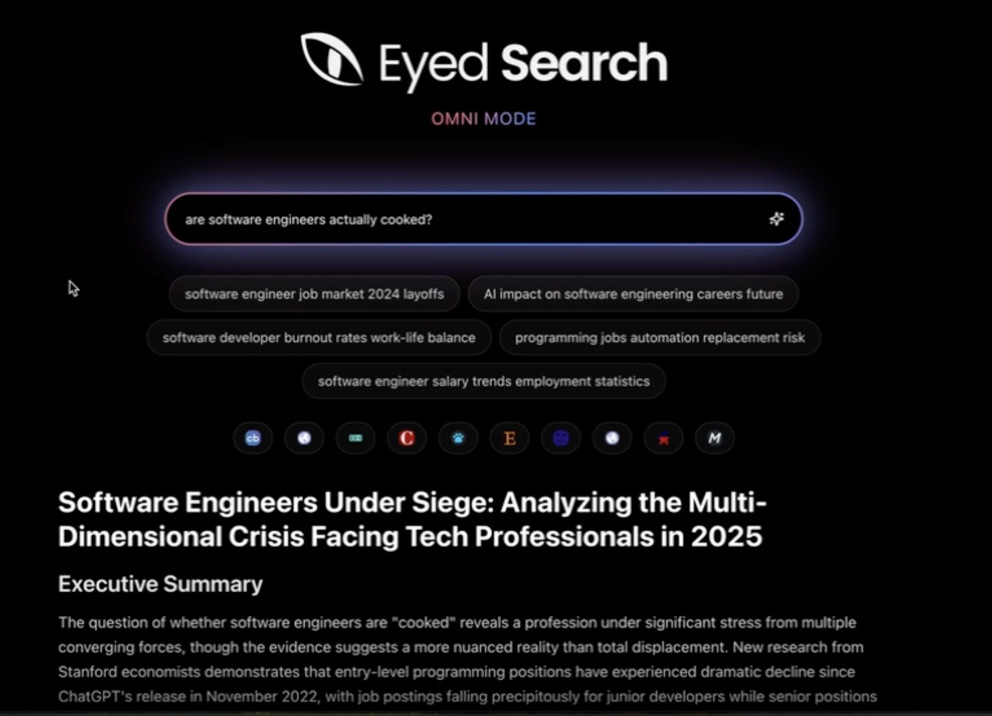 Eyed Search UI showing a deep research query about software engineering