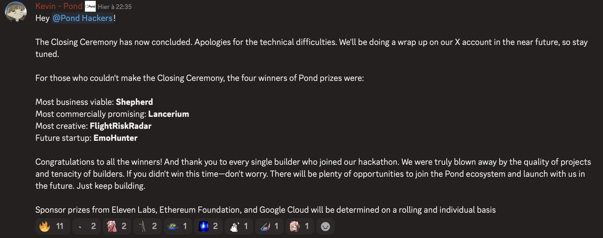 Pond Hackathon winner announcement in Discord