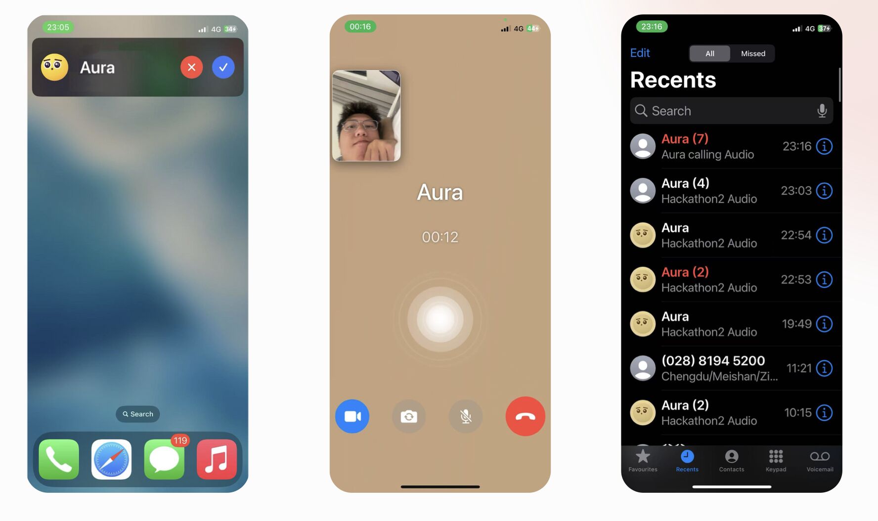 iOS screenshots showing incoming call and call history