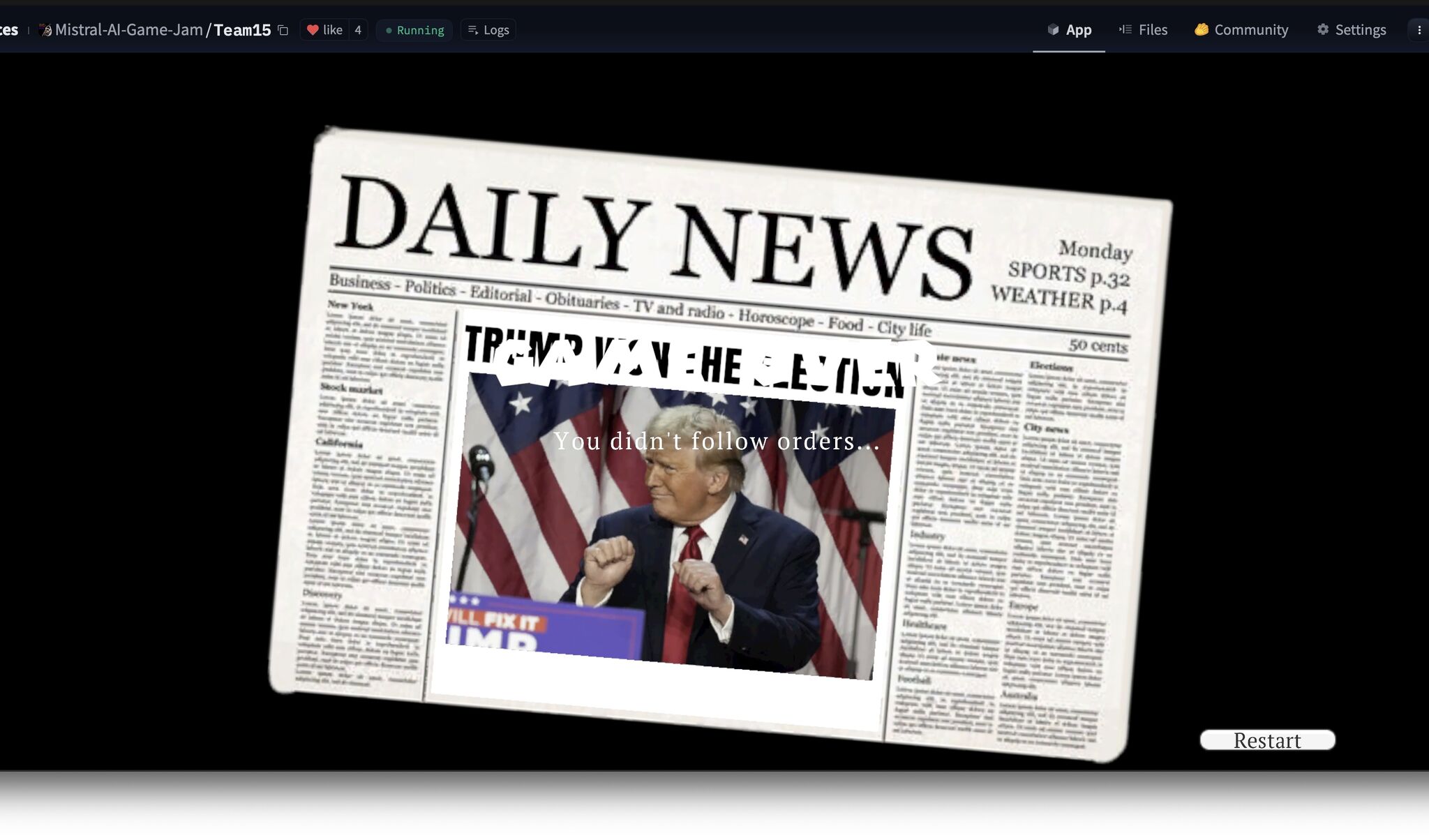 Game over screen showing Trump winning