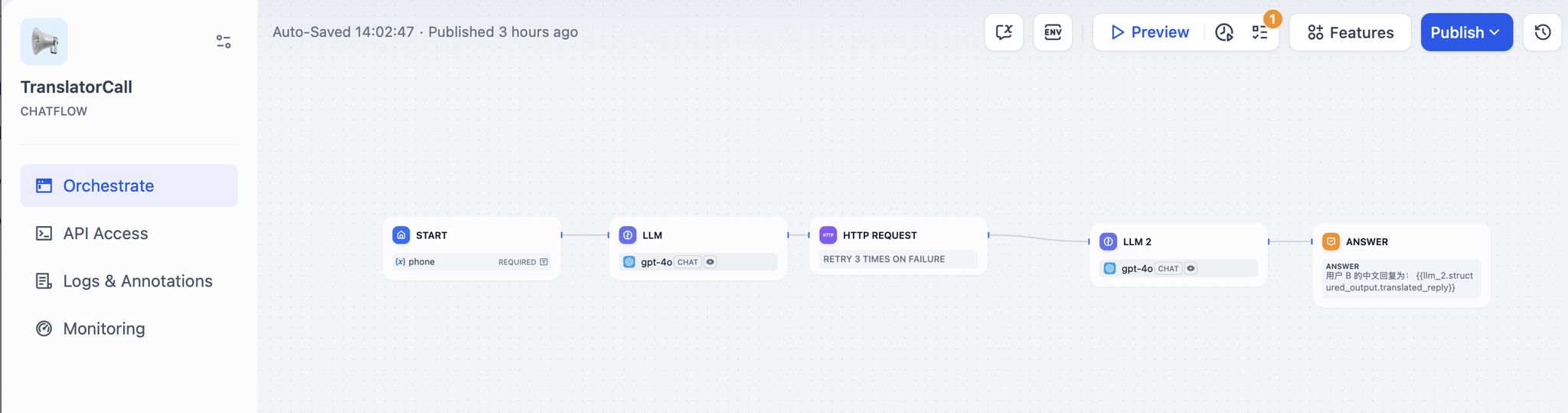 Dify Chatflow orchestration pipeline